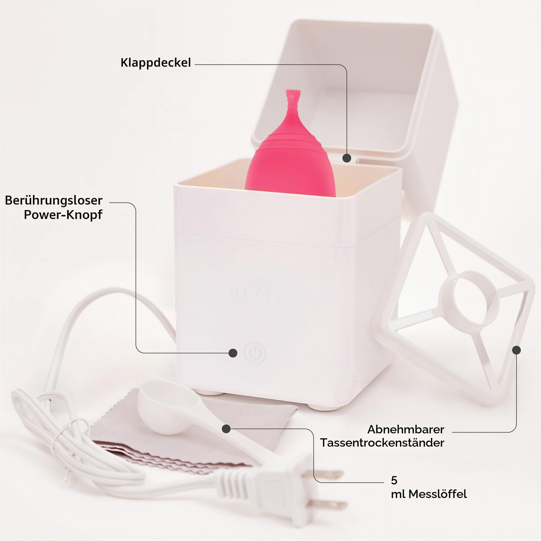 Menstruationstassen mit Sterilisator – Platz 1 der bequemsten, weichen, wiederverwendbaren Periodentassen – Tötet 99,9% der Keime mit Dampfreiniger – Reinigt in 3 Min – Kompaktes Desinfektions-Set