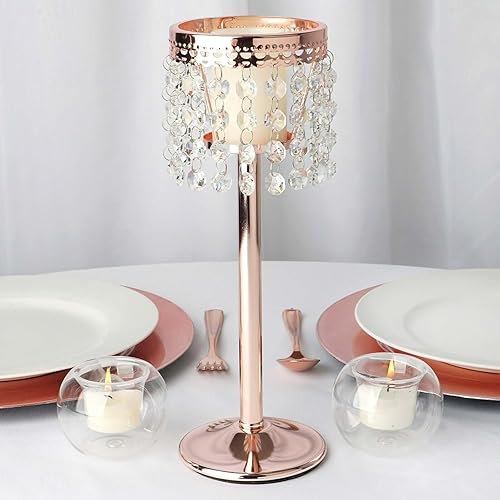 Efavormart - Candelabro votivo con cuentas de cristal de oro rosa de 12 pulgadas, soporte de vela de metal