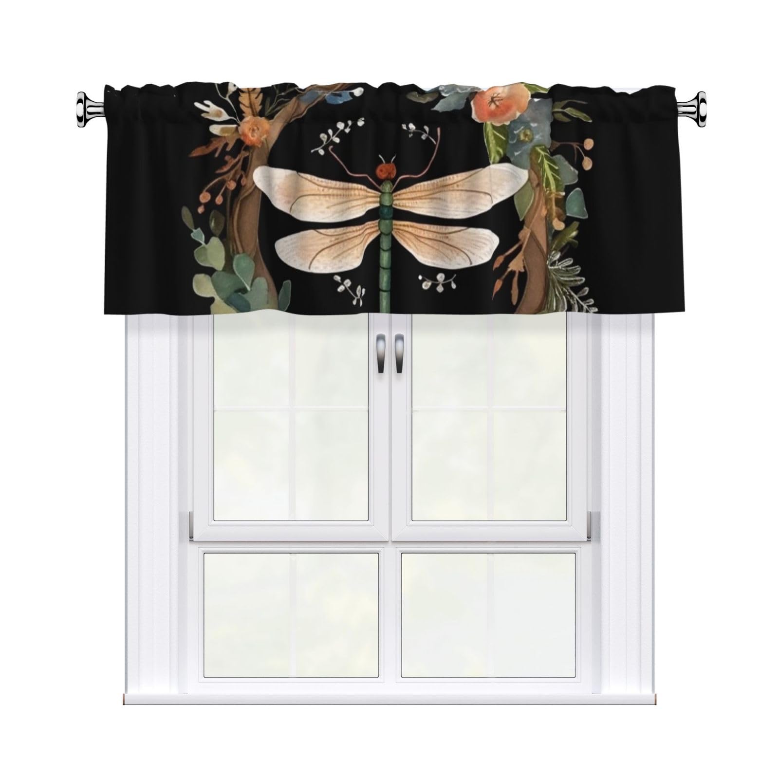 Image of Dragonfly in Wreath Valance Curtain 54 X 18 Inch,Blackout Kitchen Valance Window Treatments Rod Pocket Drapes Modern Art Short Curtains for Kitchen Windows Bathroom Bedroom