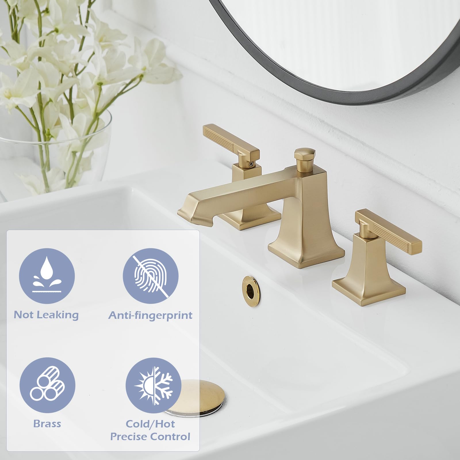 Rubinetto da Bagno a Installazione diffusa, Finitura Oro Spazzolato, Rubinetto da Bagno per lavabo, 3 Fori, Ottone, 2 Maniglie, Rubinetto Quadrato Moderno per lavabo.