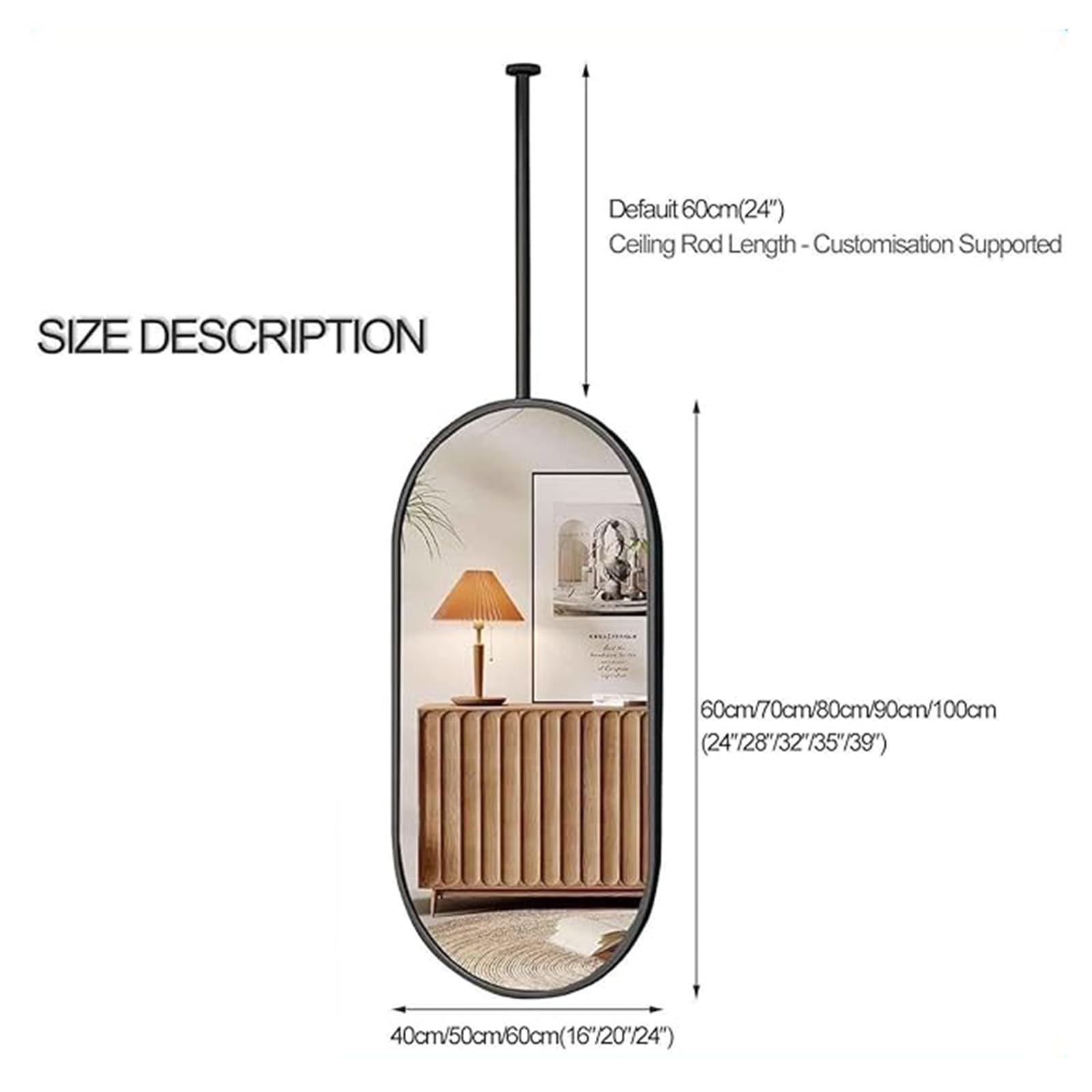 Espejos de Techo para baño, Espejos de Alta definición ovalados Negros suspendidos con Marco de Metal para tocador de Ventana, Espejos de Maquillaje, Barra de Techo Personalizable (50 cm x 7