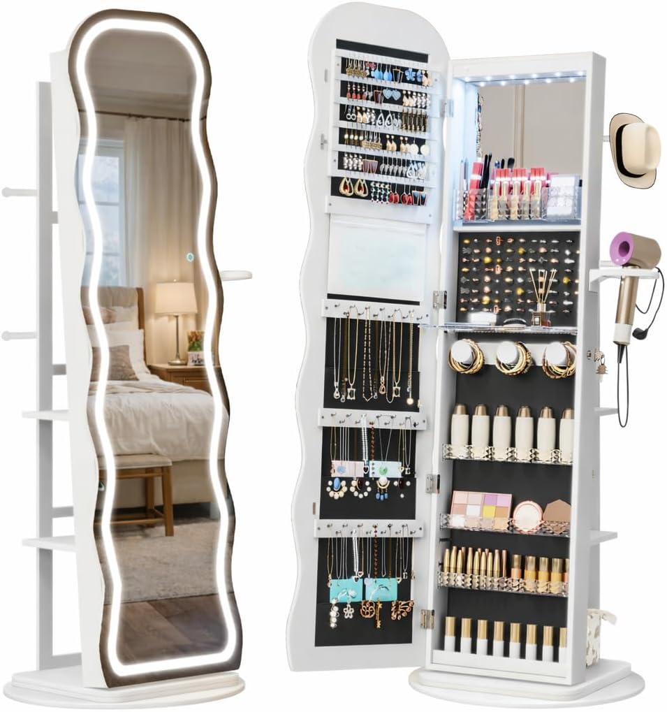 Vlsrka LED Mirror Jewelry Cabinet Standing, 360° Swivel Jewelry Aromire Organizer with Wavy Mirror, Lockable Jewelry Mirror with Storage, Jewelry Cabinet, Interior Mirror, Flodable Shelf, (LED White)