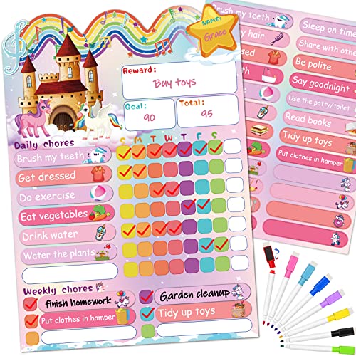 Magnetic Daily Routine Chart for Kids, Magnetic Chore Chart Behavior Chart for Kids with 24 Routine Stickers 8 Colored Magnet Markers, Good Habits Checklist for Kids Multiple Kids Toddlers, Castle