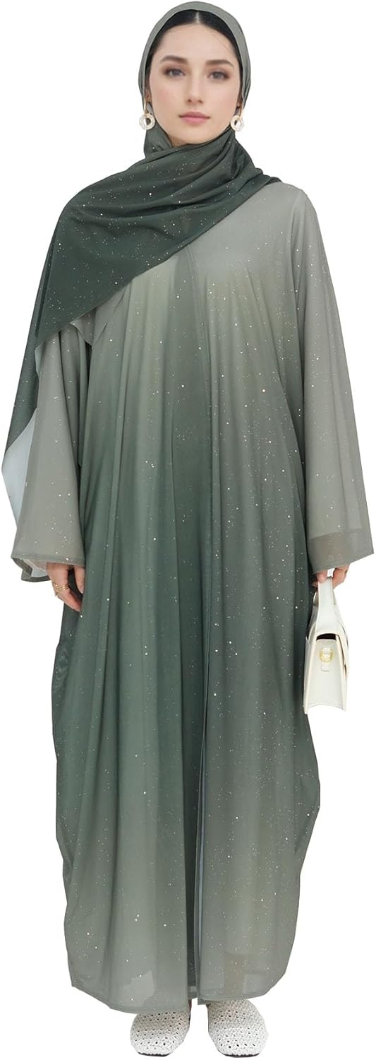 Muslim Abaya for Women Gradient Color Cardigan Islamic Flash Robe Prayer Clothes with Hijab