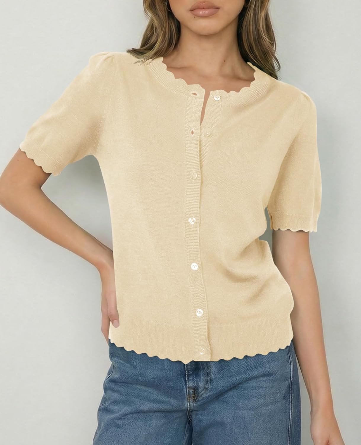 Saodimallsu Womens Puff Short Sleeve Cardigans Lightweight Button Down Shirts Crew Neck Casual Knit Sweater Tops - Image 2