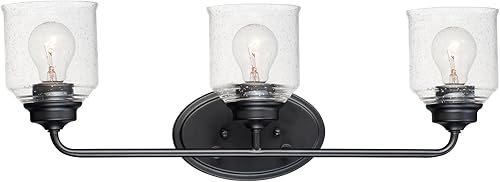 Maxim Acadia - Lámpara de tocador de baño, pantalla de cristal con forma de campana, 10.5 pulgadas de alto, acabado negro, 3 bombillas