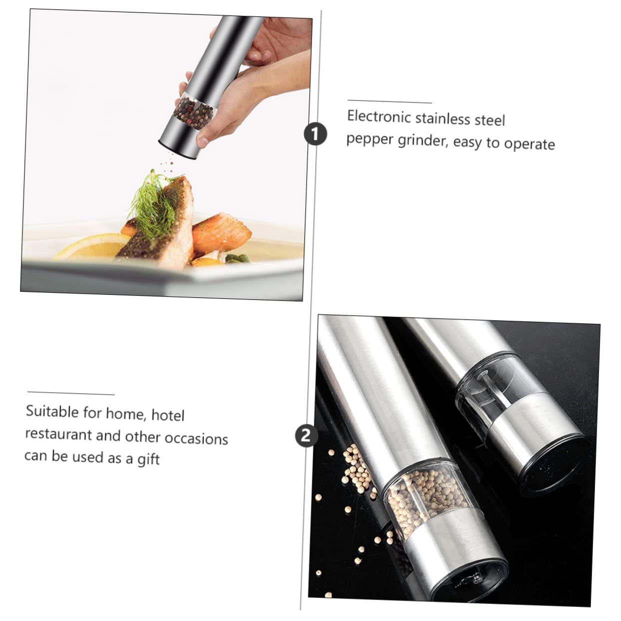 COLLBATH 2pcs Electric Pepper Mill Peppermills Pepper Grinder Pepper Automatic Pepper Grinder Refillable Pepper Shaker Stainless Steel Pepper Grinder Salt Mill Ceramics Silver