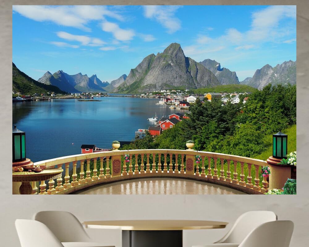 JZZD08580 Norway Lofoten Mountains Houses Reine Bay| Self-Adhesive Open Window Wall Sticker