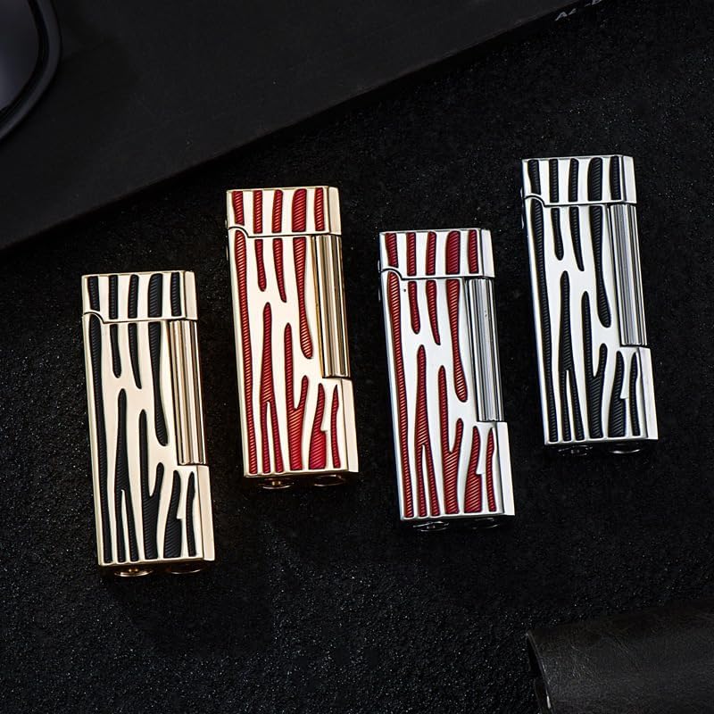 Classic Narrow Butane Lighter Metal Side Slide Lgnition Refillable Soft Flame Lighter for Women and Men Collection (Silver Red)