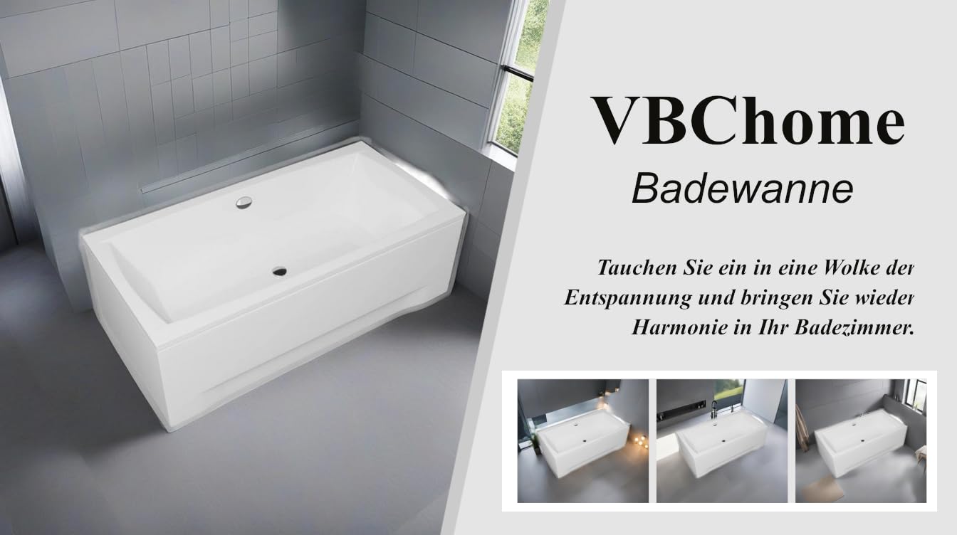 VBChome Badewanne 140x70 cm Weiß Acryl Schürze Wannenfüße Siphon Wanne Rechteckig Zentralen Abfluss Design Modern Ablaufgarnitur in Chrom Badewanne mit Schürze