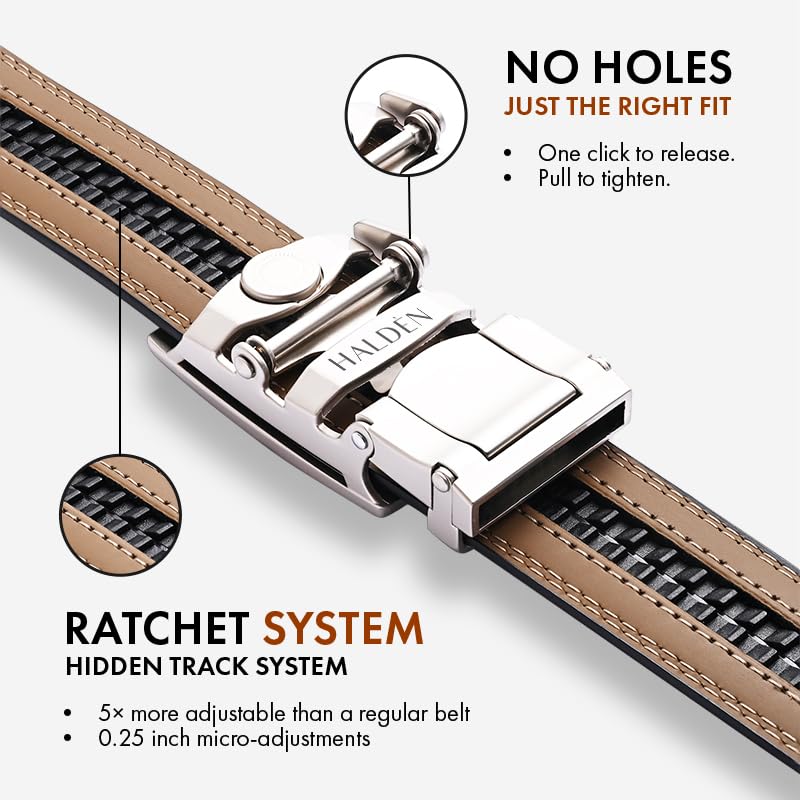 Image of HALDEN THEO Belt For Men Leather Original (Adjustable Fits Up to 44 Inch Waist) Ratchet Straps, Unique Magnetic Auto-lock Buckle Adjustable Belt For Men