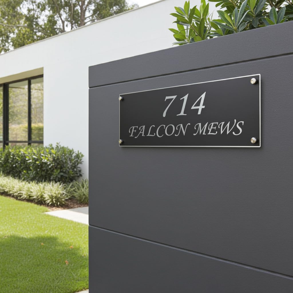 Modern Metal House Sign โ Personalised Matt Black Aluminium House Plaque with White or Silver Lettering โ Floating Hidden or Stainless Steel Stand-Off Fixings โ Various Sizes