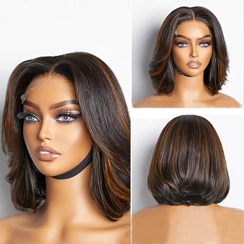 Miniatura 10 de QUINLUX WIGS Peluca de cabello humano corto estilo Bob ondulado de 13 x 6 pulgadas, con encaje frontal transparente HD, cabello brasileño de color