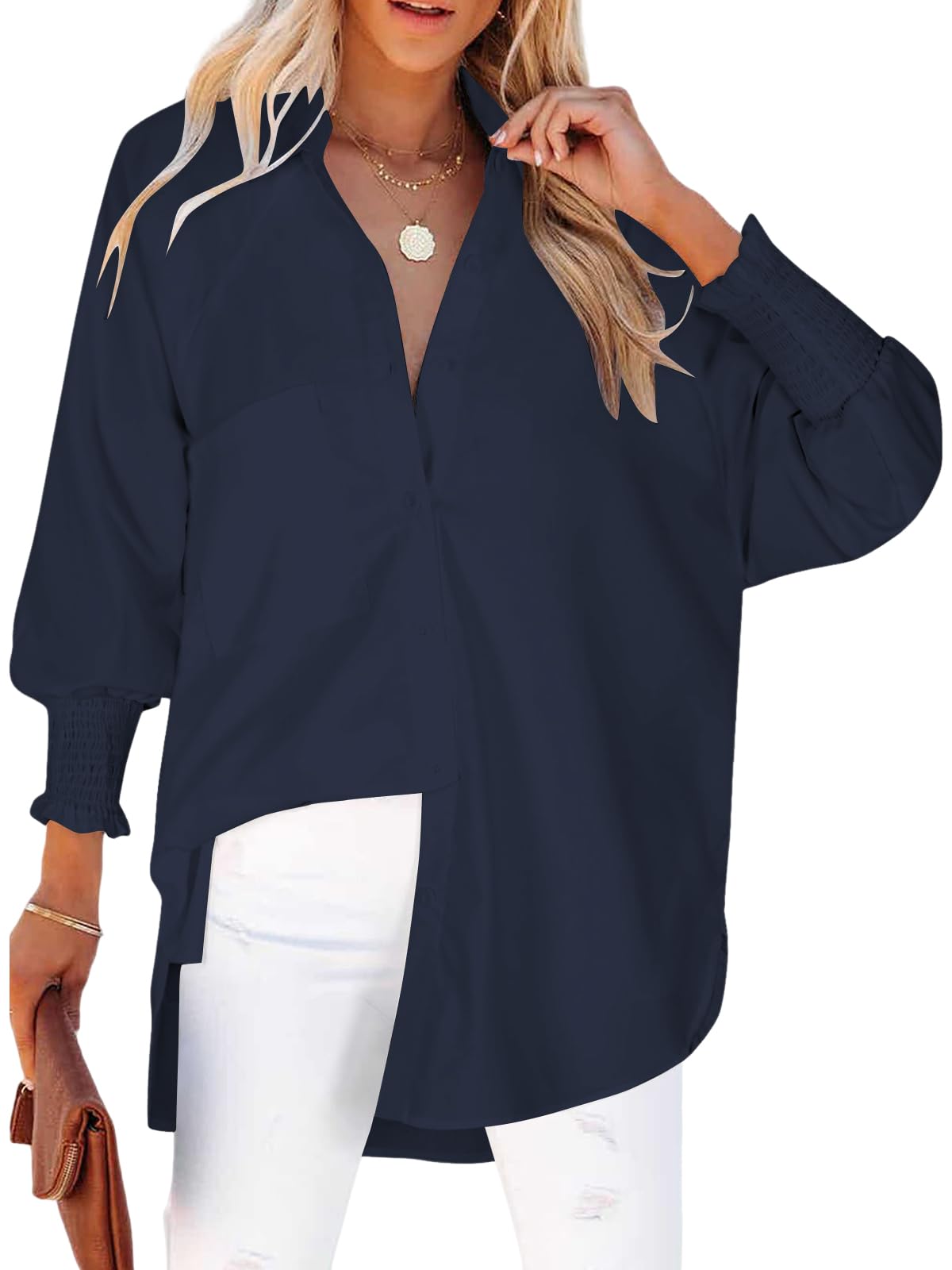 Cuptacc Bluse Damen Elegant V Ausschnitt Langarm Knöpfen Blusen Damen Gestreifte Brusttasche Oberteile
