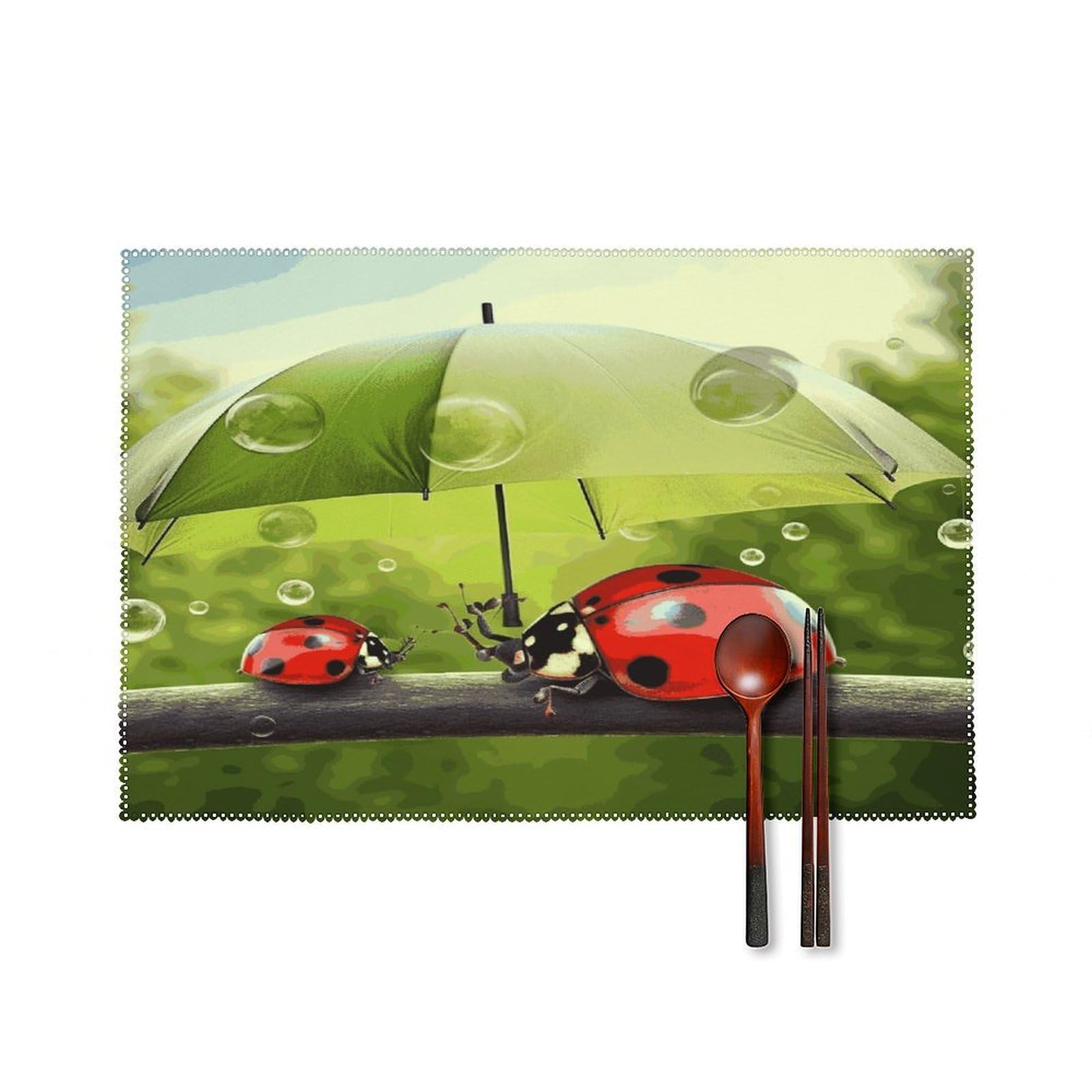 Fekiloot Style Funny Ladybug Holding Umbrellas Placemats Set Of 6,Table Mat