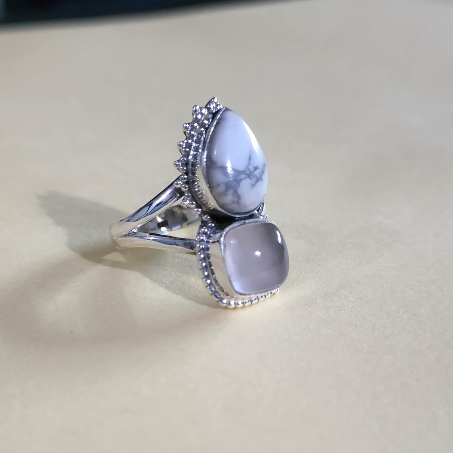 White Howlite Rose Quartz Ring, Sterling Silver Ring, Antique Ring, Long Ring, Bohemian Ring, Turquoise Howlite Ring, Promise Ring, Buffalo Ring, Bridesmaids Gift, Healing Crystal, Vintage Style