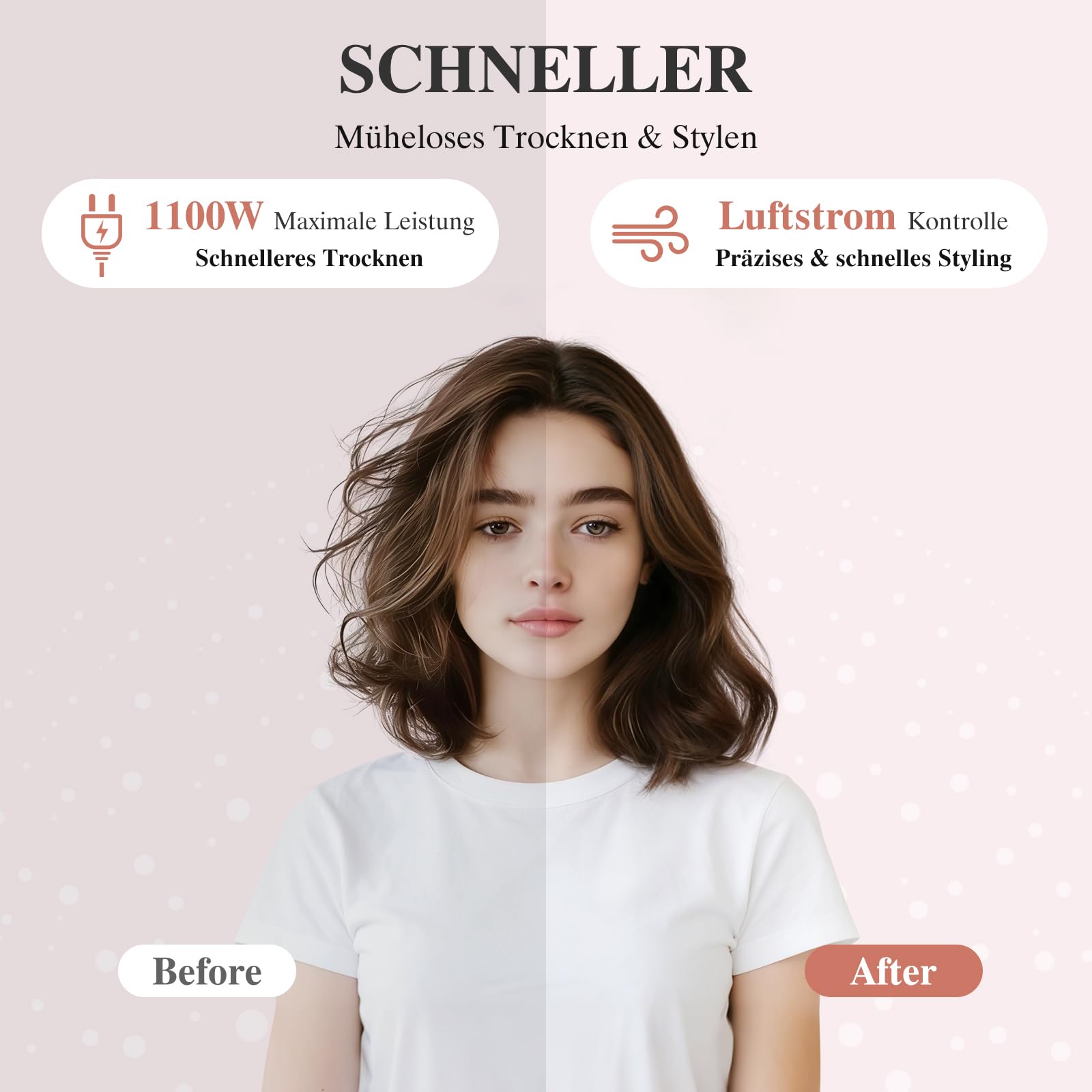 PARWIN PRO BEAUTY 4 in 1 Warmluftbürste, Hairstyler, Föhnbürste | Stylen in One Step, Schnelles Volumen, Locken, Glätten, 3 Temperaturen, Keramik, Ionen Pflege, 1100 Watt, Rosa