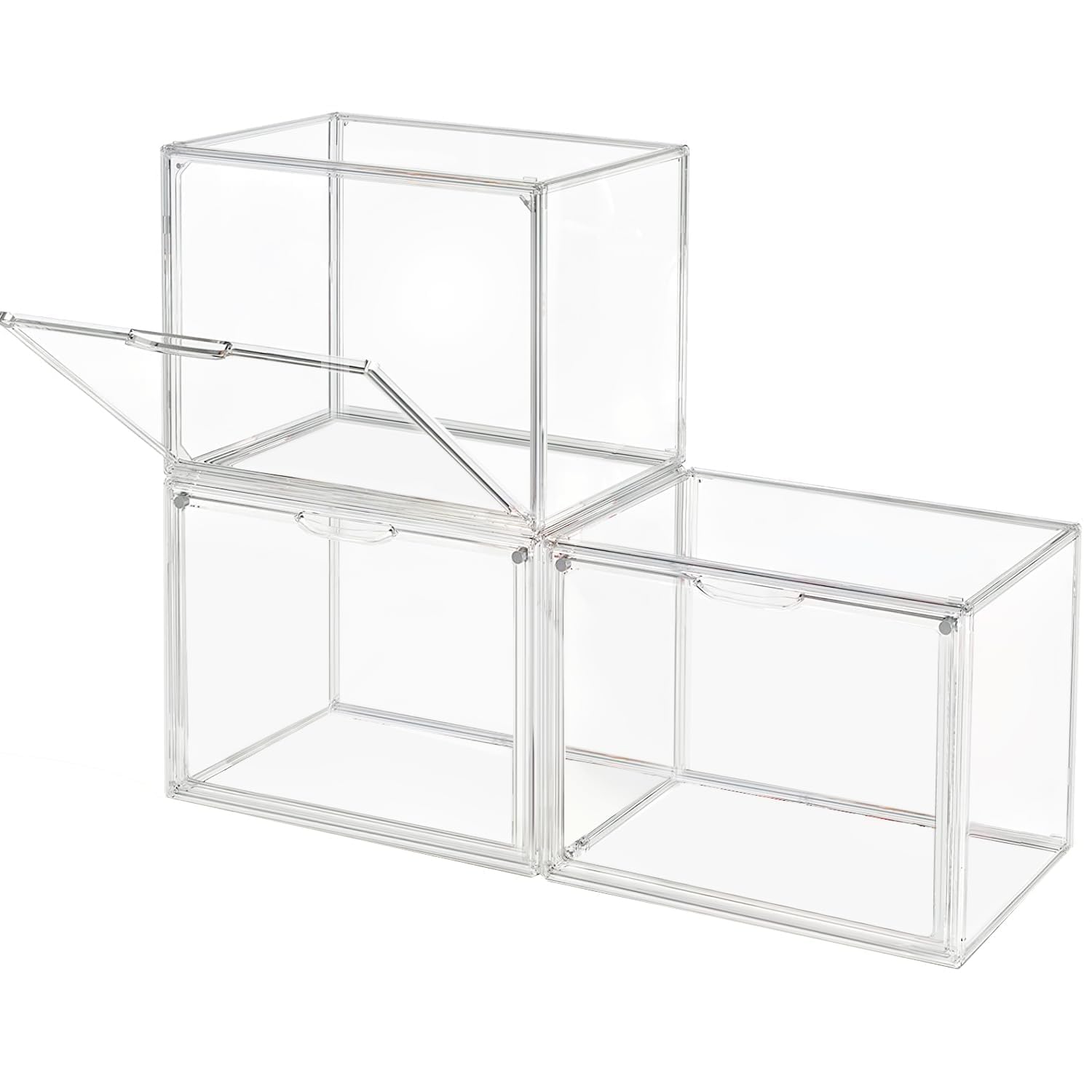 Clear Stackable Plastic Storage Bins with Magnetic Lid, Dustproof Book & Cosmetic Display Cases, Large Figures Collectibles Showcase, Shoe Box, Protection Organizer (Transparent, L-3 Pack)