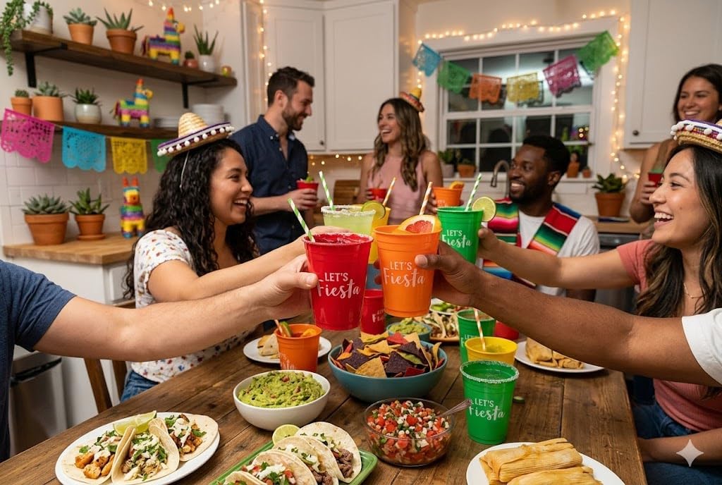 Fun Express Fiesta Party Decorations Plastic Margarita Glasses - 50 Mexican Party Cups 16oz for Cinco De Mayo Celebrations | Colorful Disposable Drinkware for Birthday Parties & Mexican Theme Events