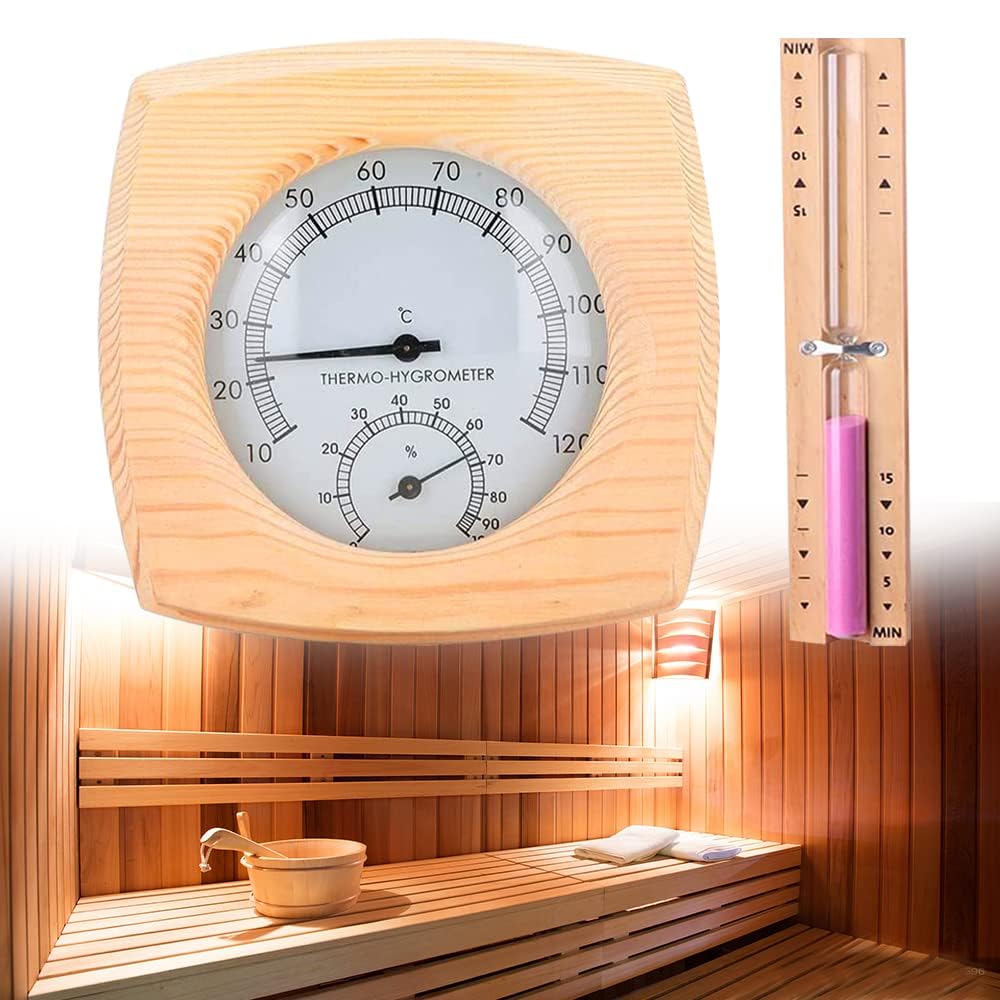 2 in 1 Sauna Thermometer Hygrometer und Sanduhr, Wandmontage umweltfreundlich Sauna Klimamesser Tropfen mit 15 Minuten Rotierender Sandglass Holz für Sauna Innenausstattung, Badezimmer