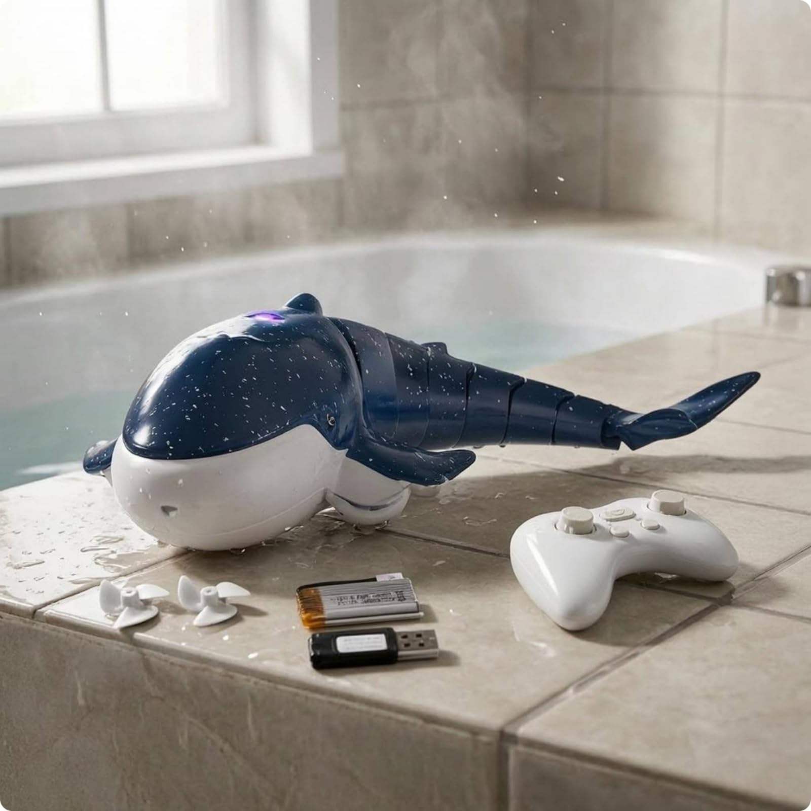 Jouet Requin Télécommandé Rc Électrique Aquatique Enfant avec Jet d'eau Lumières Intégrées Corps Profilé Ailerons Moulés , Or , Baleine Dorée