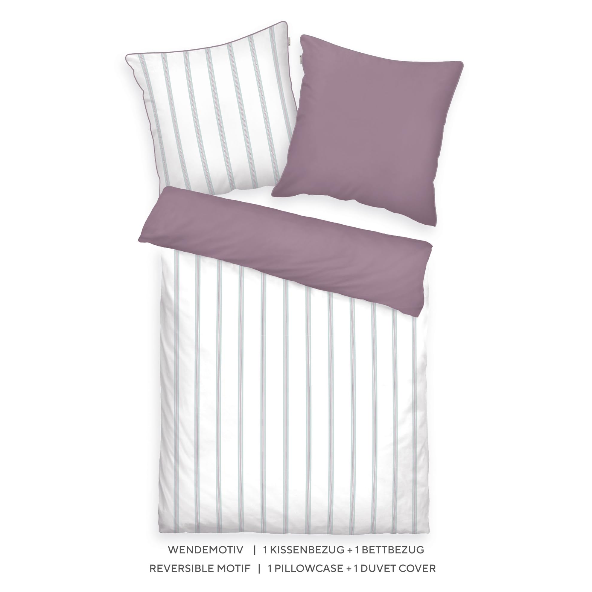 TOM TAILOR Satynowa bielizna, 60 x 80 cm + 140 x 200 cm, 100% bawełna, satyna, z farbiger Paspel am Kissen, Wendemotiv und Markenreißverschluss, CLASSIC SATIN Strings Weiß, Lila (Cozy Mauve, Fresh