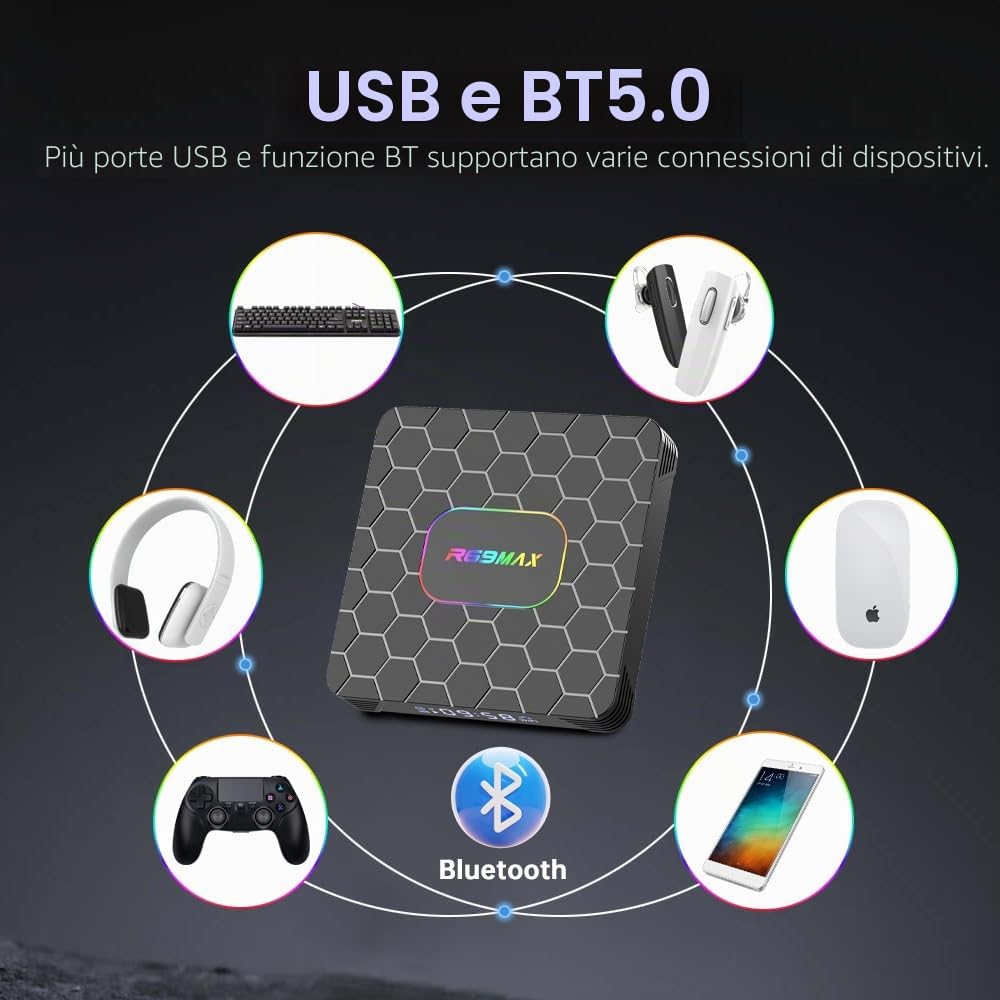 Android tv box,R69MAX Android 14.0 Smart tv box with 4GB RAM 64GB ROM RK3528 Quad Core ARM Cortex A53 Mali-450 GPU Support 8K 3D 1080P 2.4/5.0GHz WIFI BT5.0 10/100M Ethernet DLNA HDMI2.0 USB3.0 H.265