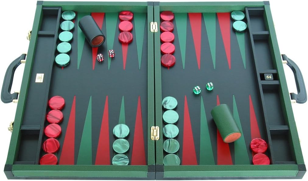 Leather Backgammon Board Set - (23" Large Attache Case, Zaza & Sacci) - Green