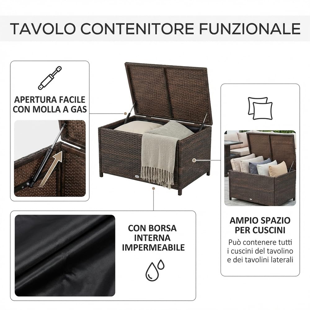 Salotto da Giardino Esterno Set Mobili 2 Divani 2 Poltrone e Tavolino con Cuscini in Rattan Pe Marrone Arancione