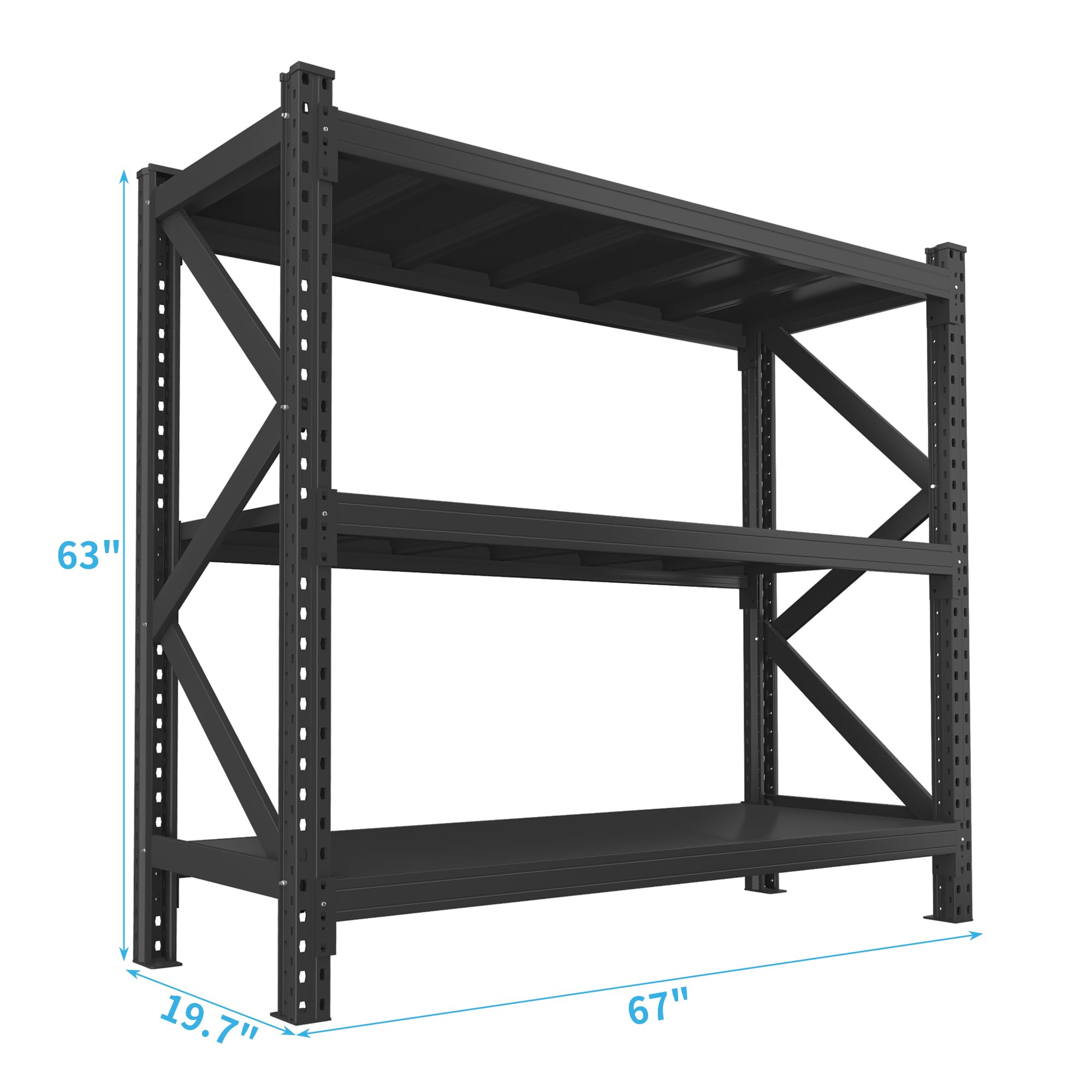 podafu 3-Tier Industrial Garage Shelving Rack, Heavy Duty Metal Shelving Unit, Utility Standing Shelf for Warehouses, Black 67