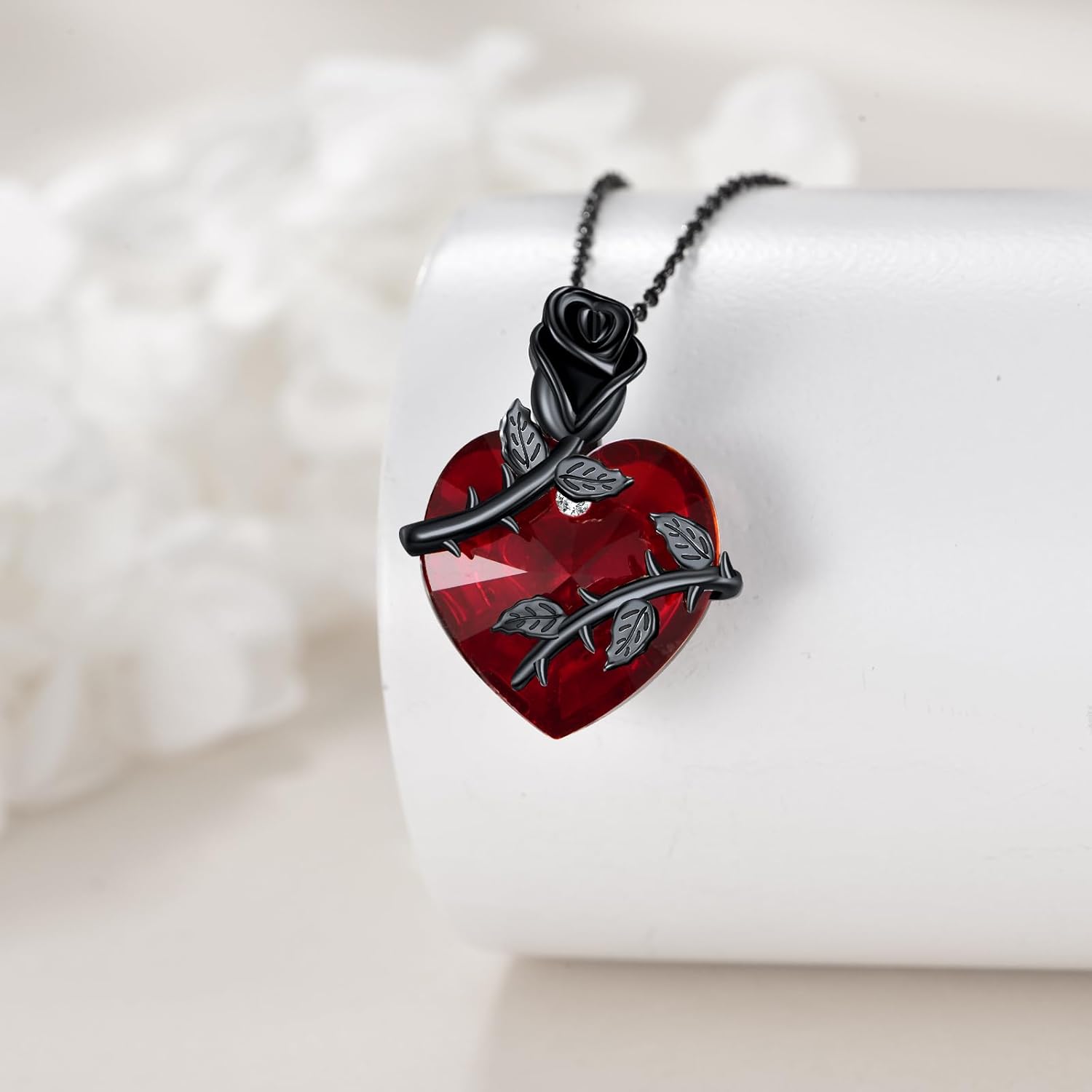 Black Rose Cross/Urn Necklace 925 Sterling Silver Red Gothic Heart Pendant Jewelry Gift for Women