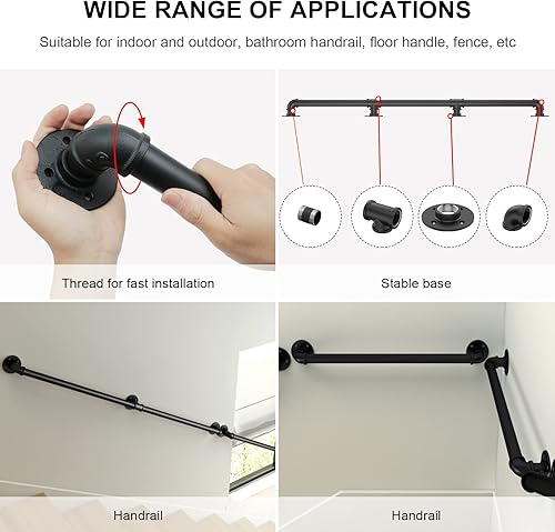 Miniatura 6 de Willstar Barandilla industrial de 6 pies, barra de tubería antideslizante, riel de montaje en pared, barra de agarre vintage para escalones,