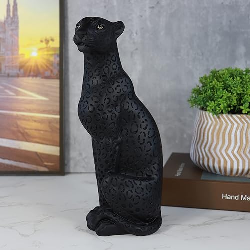 Miniatura 5 de Estatua de guepardo Pantera Negra Estatua de leopardo negro de 11 pulgadas de alto, resina moderna, escultura de animales, decoración de mesa de