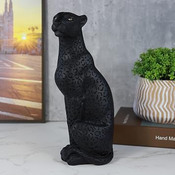 Cheetah Statue - Black Panther Leopard 11”H Resin Modern Animal Sculpture Figurine for Desktop Table Top Decor