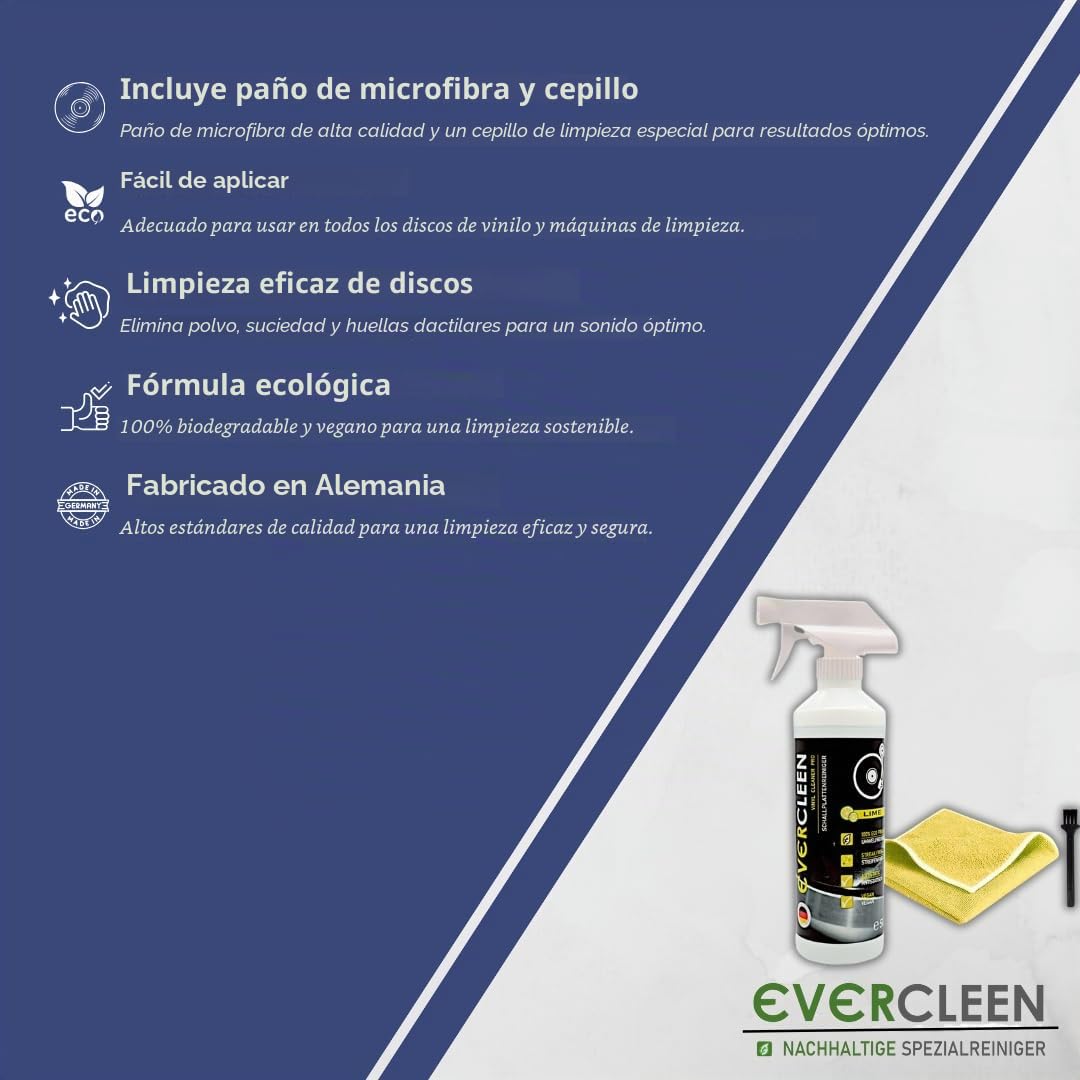 Record Cleaner Pro 500 ml limpiador de discos + paño de microfibra + cepillo. Limpiador vegano respetuoso con el medio ambiente, fabricado en Alemania para discos de vinilo.