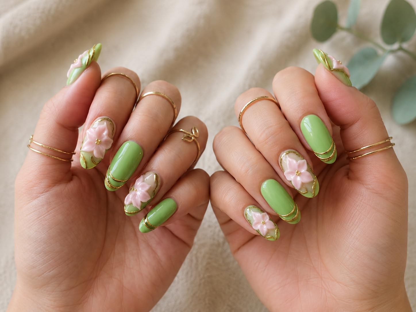 Mint Blossom Garden 12 pic Press-On Nails, Green with 3D Pink Floral Design, Gold Accent, Almond Shape-image-39