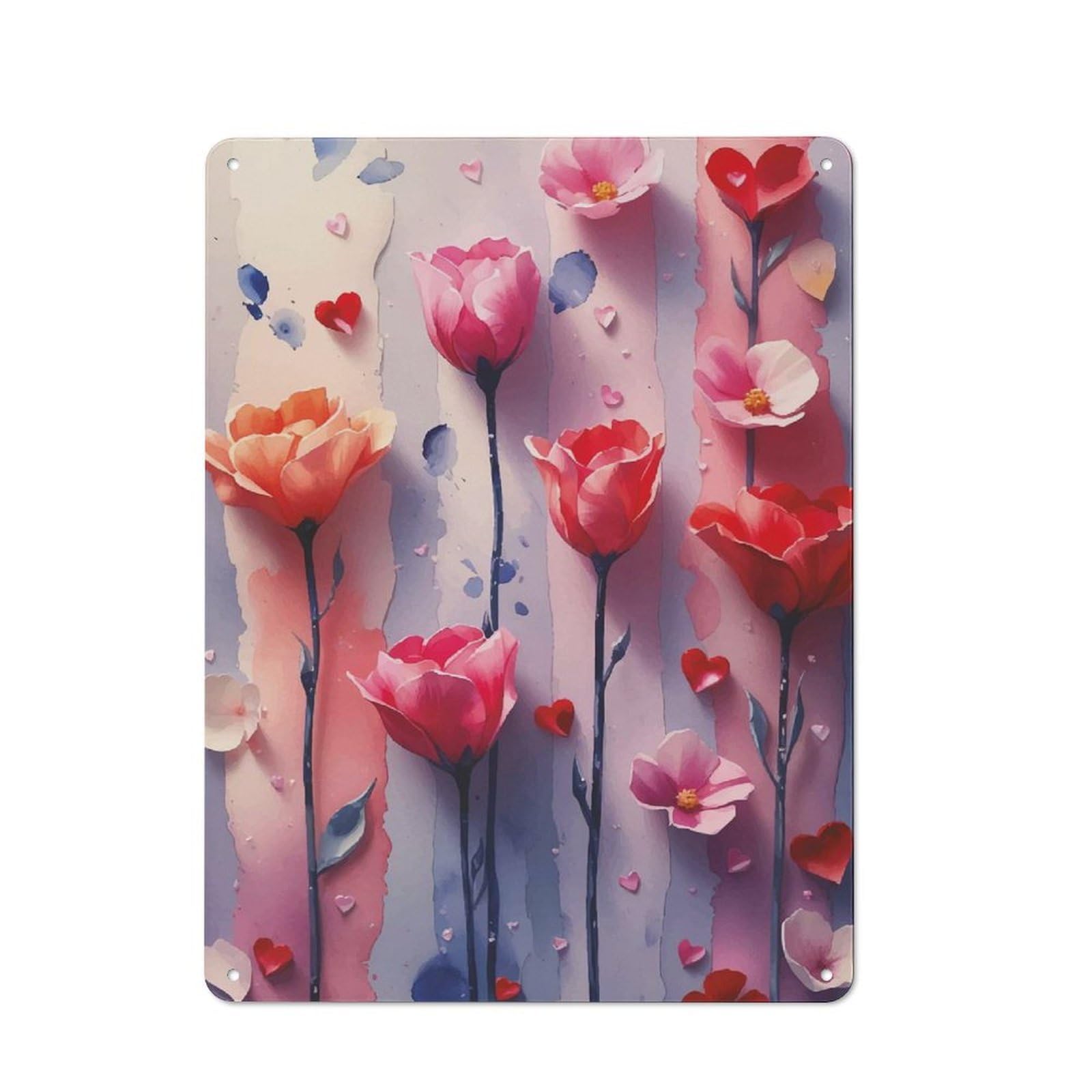 Watercolor Flowers And Hearts Pattern Metal Wall Sign 40x30cm, Rustic Classic Pub Decor for Cafe, Pub, Workshop Or Home Bar