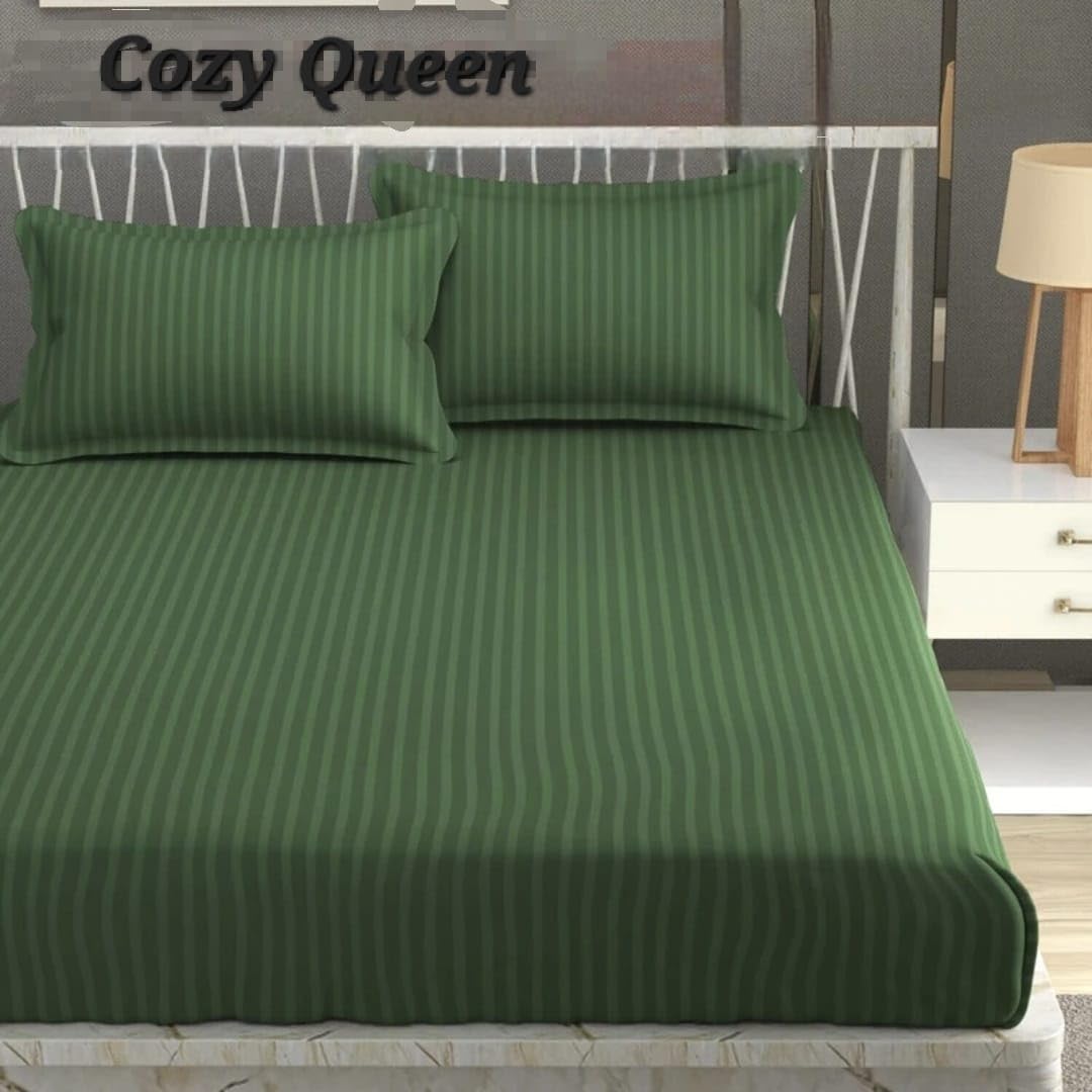 Cotton King Size Flat Bedsheet Olive Green Striped | Breathable Fabric, Skin-Friendly, Easy Maintenance, Striped Pattern-image-47