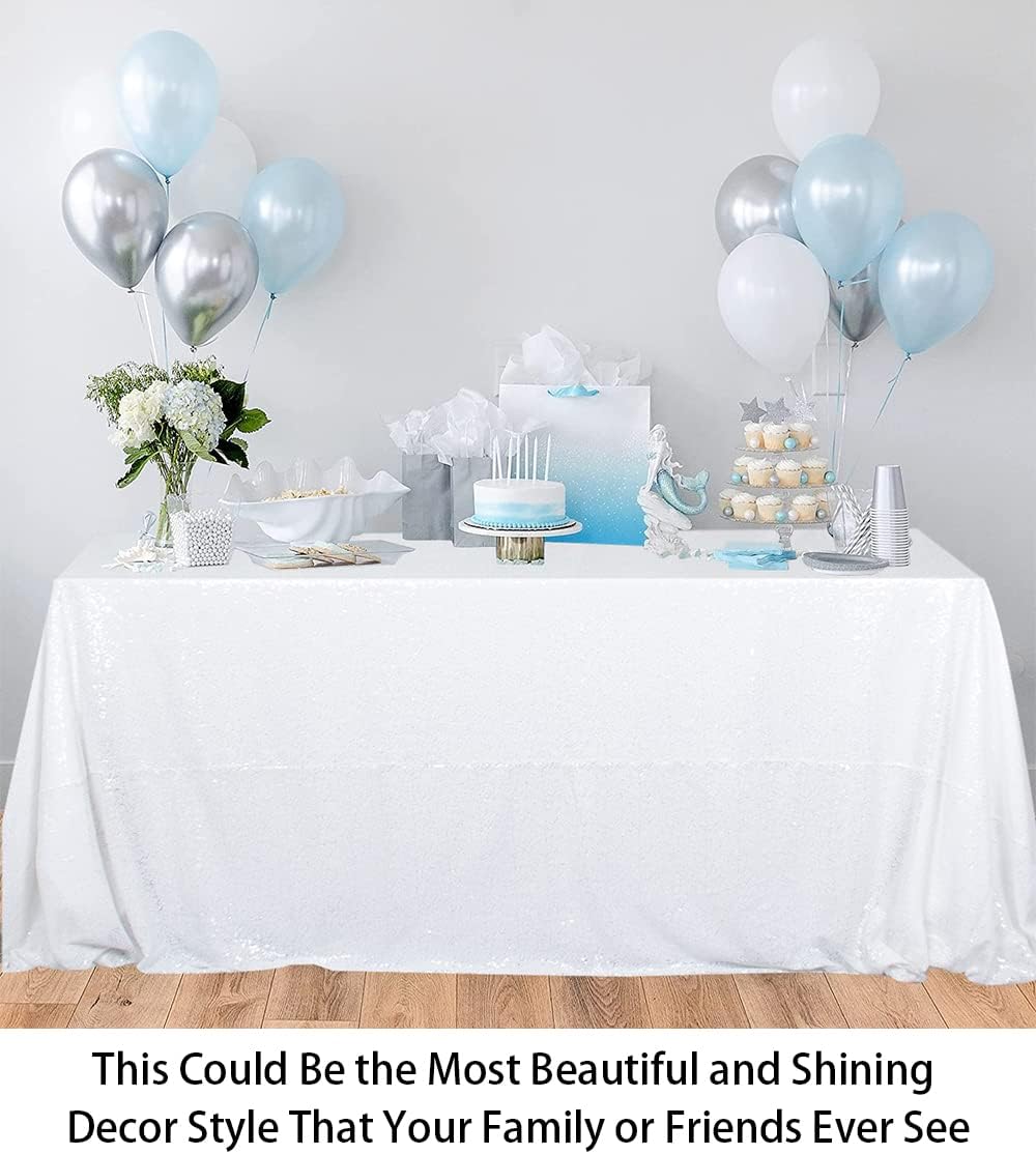 ShinyBeauty 90x132 Inch White Sequin Tablecloth - Sparkling Decorative Table Cover for Birthday, Wedding, Christmas Party Decor, Durable Sequin Table Linen