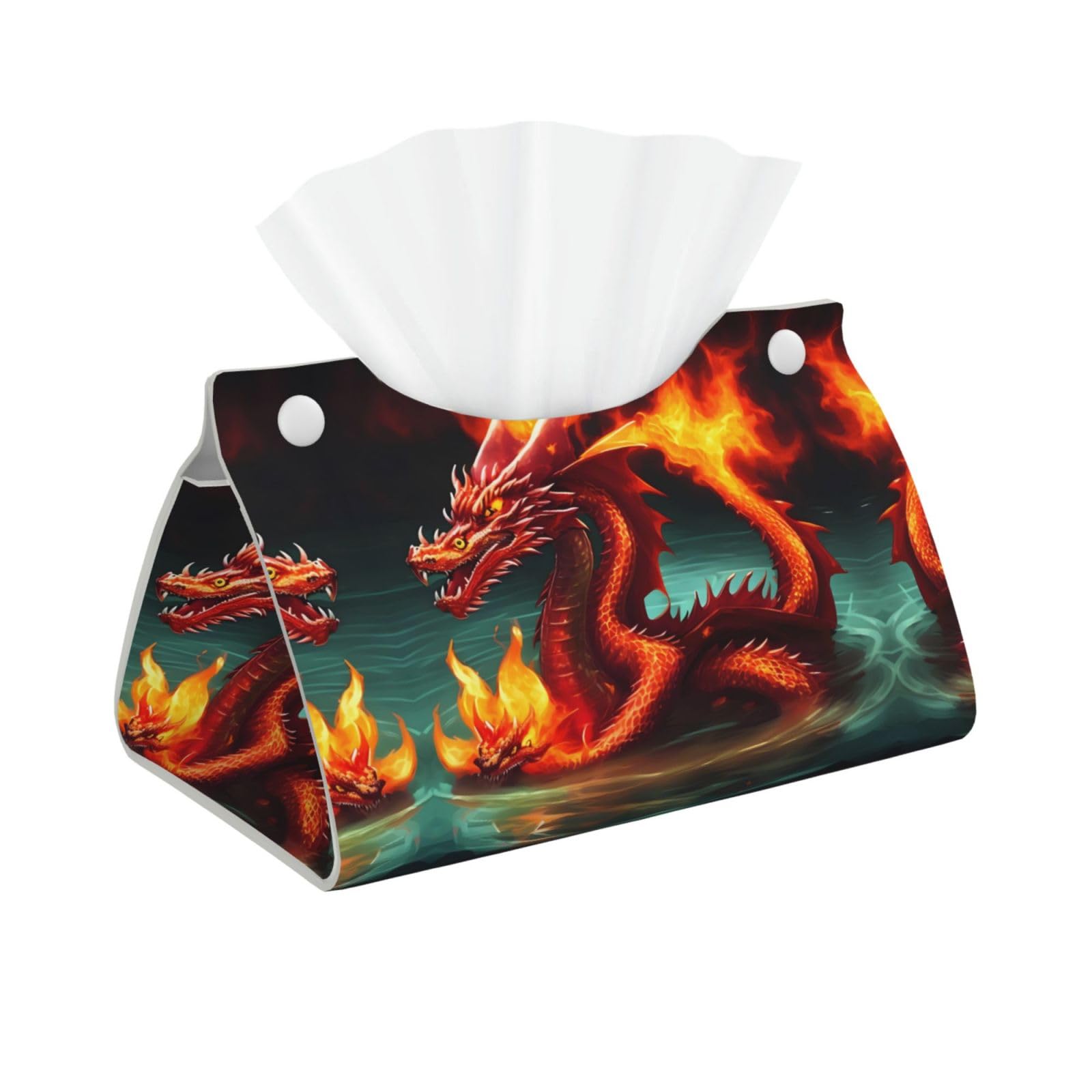 Dragon King in Fire Print Long Tissue Box Cover Holder Foldable Leather Organizer for Vanity, Nightstand, Desk & Bathroom