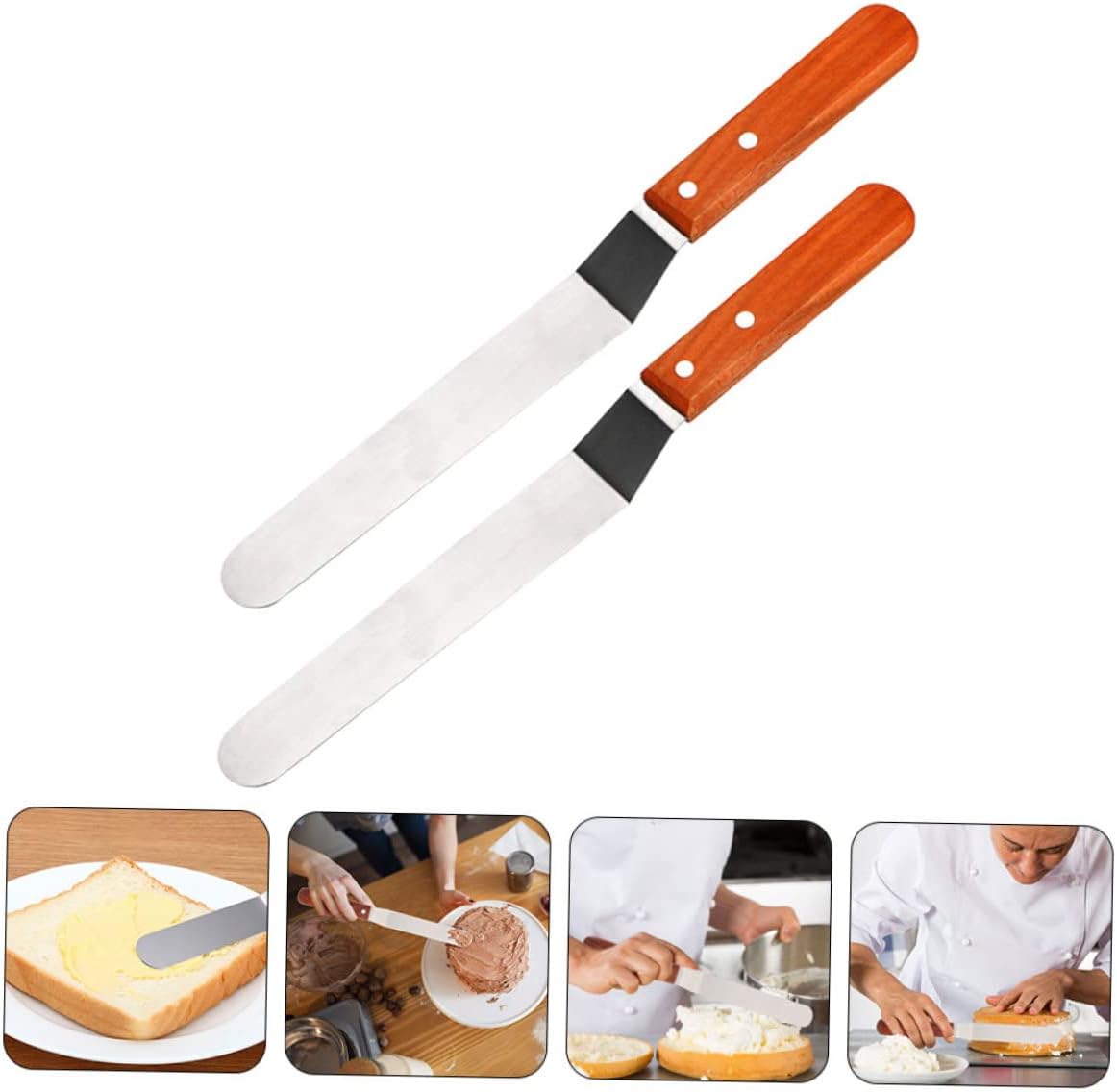 LABRIMP 2-Piece Stainless Steel Butter Spatula Set with Red Wood Handle Non-Slip Cake Icing and Cream Scrapers for Baking Supplies for Cake Decorating and DIY Baking
