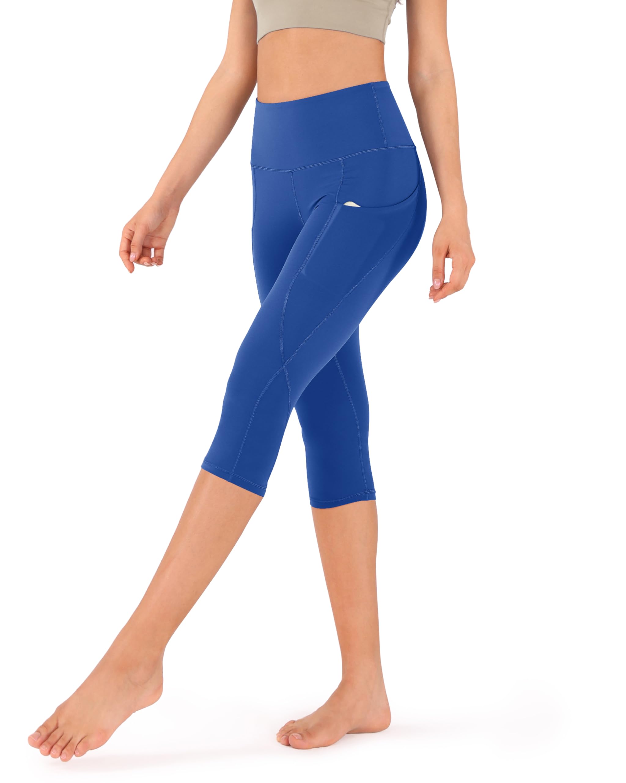 ODODOS Women's High Waisted Yoga Capris with Pockets,Tummy Control Non See Through Workout Sports Running Capri Leggings, Royal Blue, Medium
