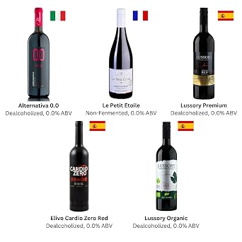 Non-Alcoholic Red Sampler - Five (5) Bottles 750ml Each - Featuring Elivo Cardio Red, Lussory Organic Merlot, Etoile Cab, Lussory Tempranillo, and Princess Rosso Dry (Spain, Italy, France)