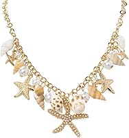 Boho Starfish Seashell Necklace for Women - Adjustable Conch Pearl Choker, Chunky Layered Ocean Beach Jewelry Gold Silver