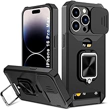 LuxuryKase Shockproof Armor Case for iPhone 16 Pro Max with Slide Camera Cover | Hidden Card Slot | Rotating Ring Kickstand | Magnetic Car Mount Support | Military Grade Protection – Black