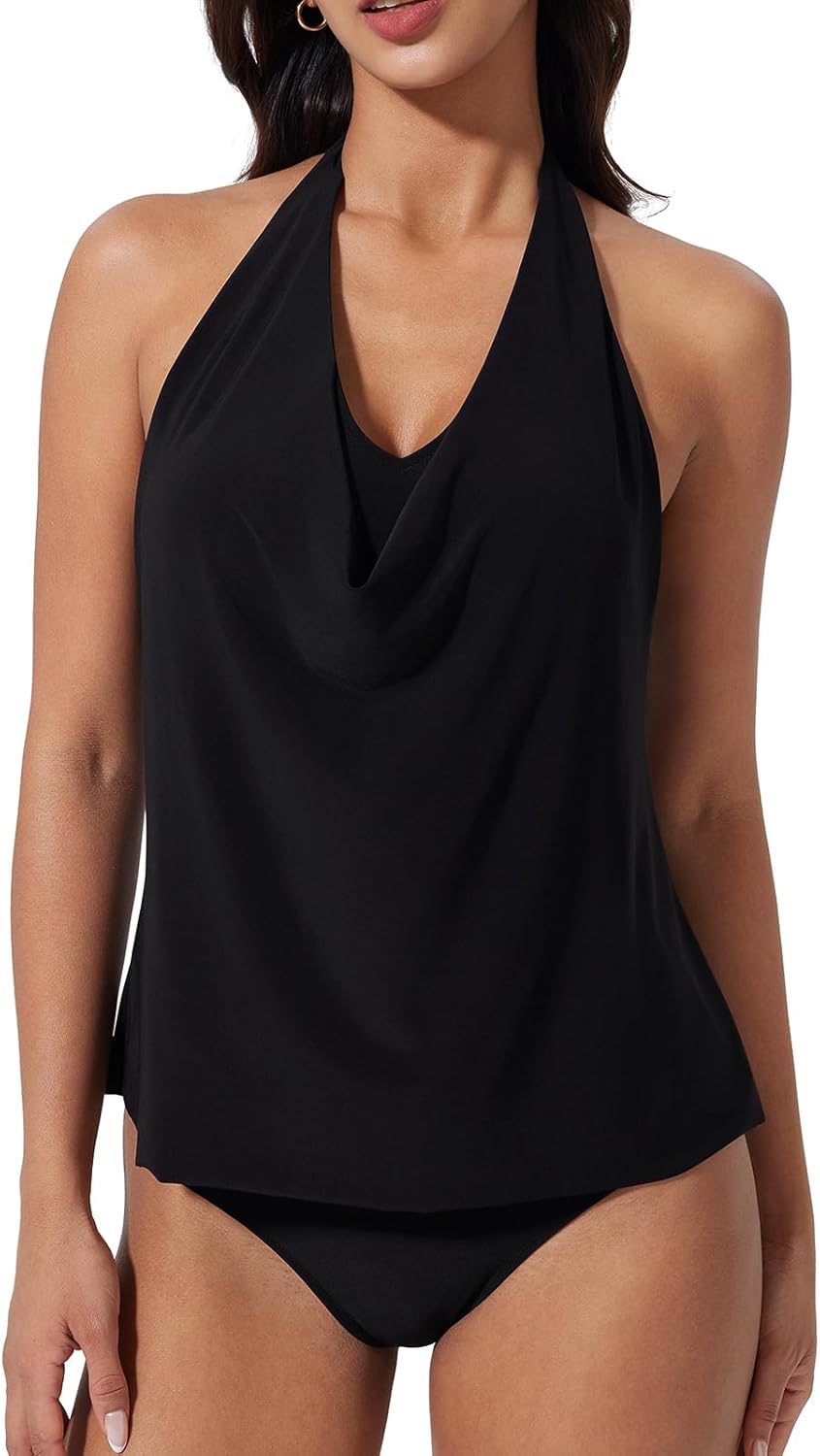 SUUKSESS Women Halter Tankini Swimsuit High Waist Cowl Neck Bathing Suit 2 Piece