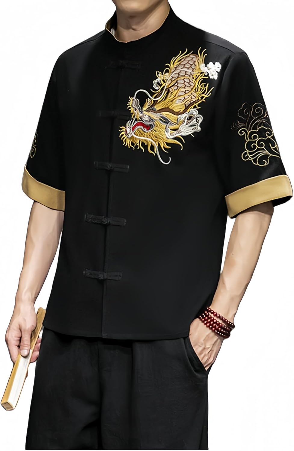 Men's Kung Fu Shirt,Traditional Chinese Hanfu Tang Suit Coat with Silk Printing,Half Sleeve Top for Casual Summer Outfits