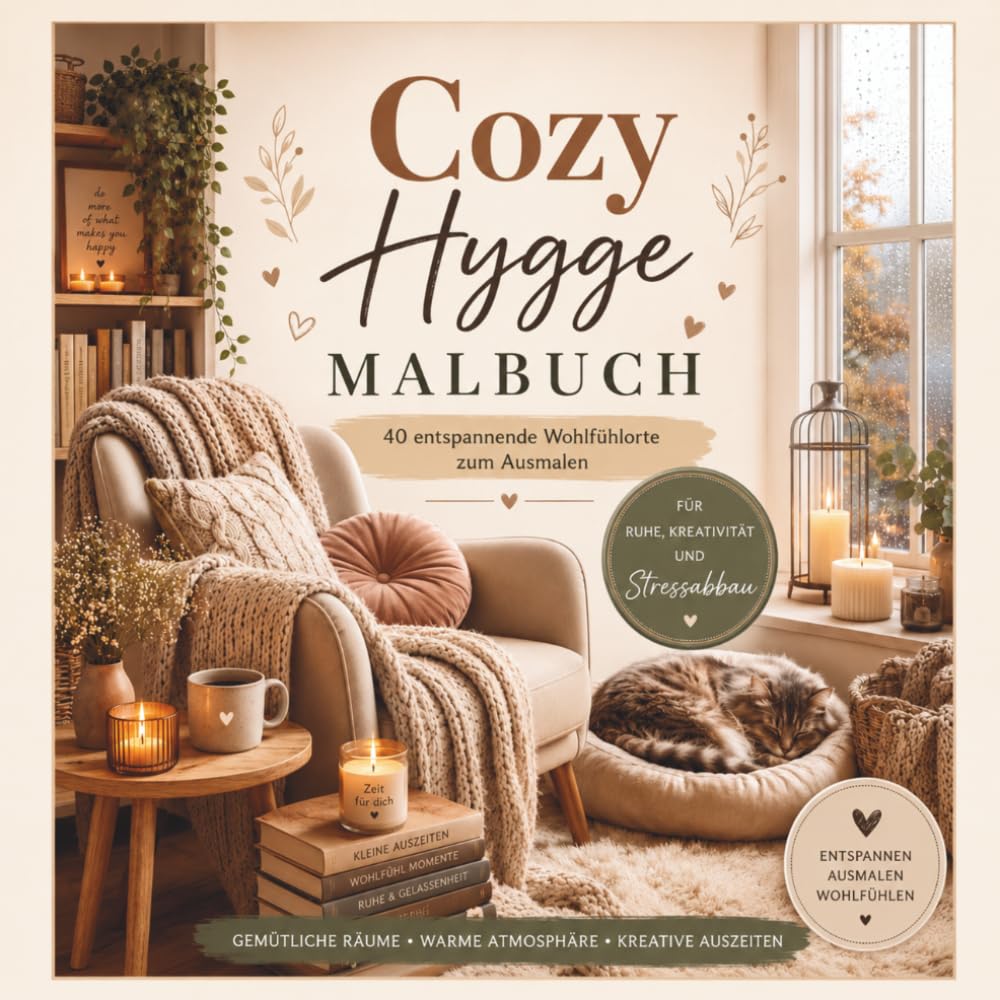 Cozy Hygge Malbuch: 40 entspannende Wohlfühlorte zum Ausmalen für Ruhe, Kreativität und Stressabbau