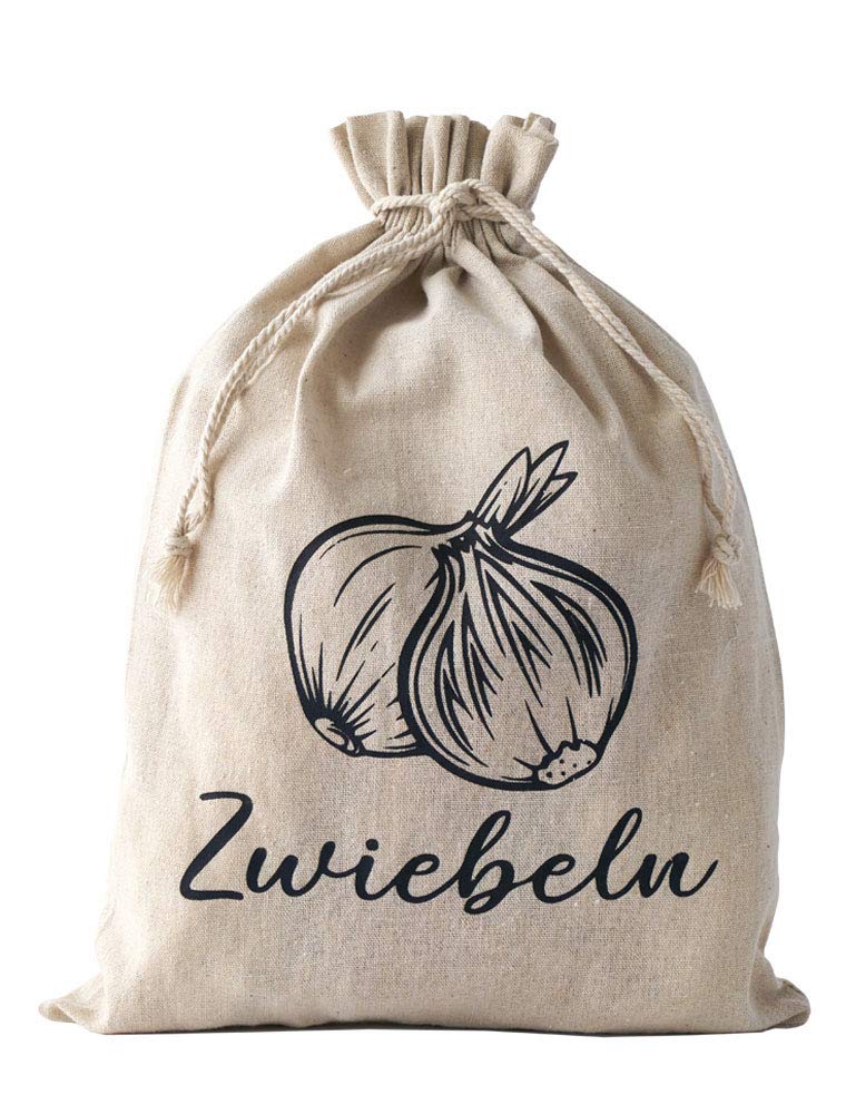 | 3er-Set, Gemüsebeutel aus Leinen-Stoff, zertifiziert, zur Aufbewahrung, je 1x mit Aufdruck für Kartoffel, Zwiebel, Knoblauch