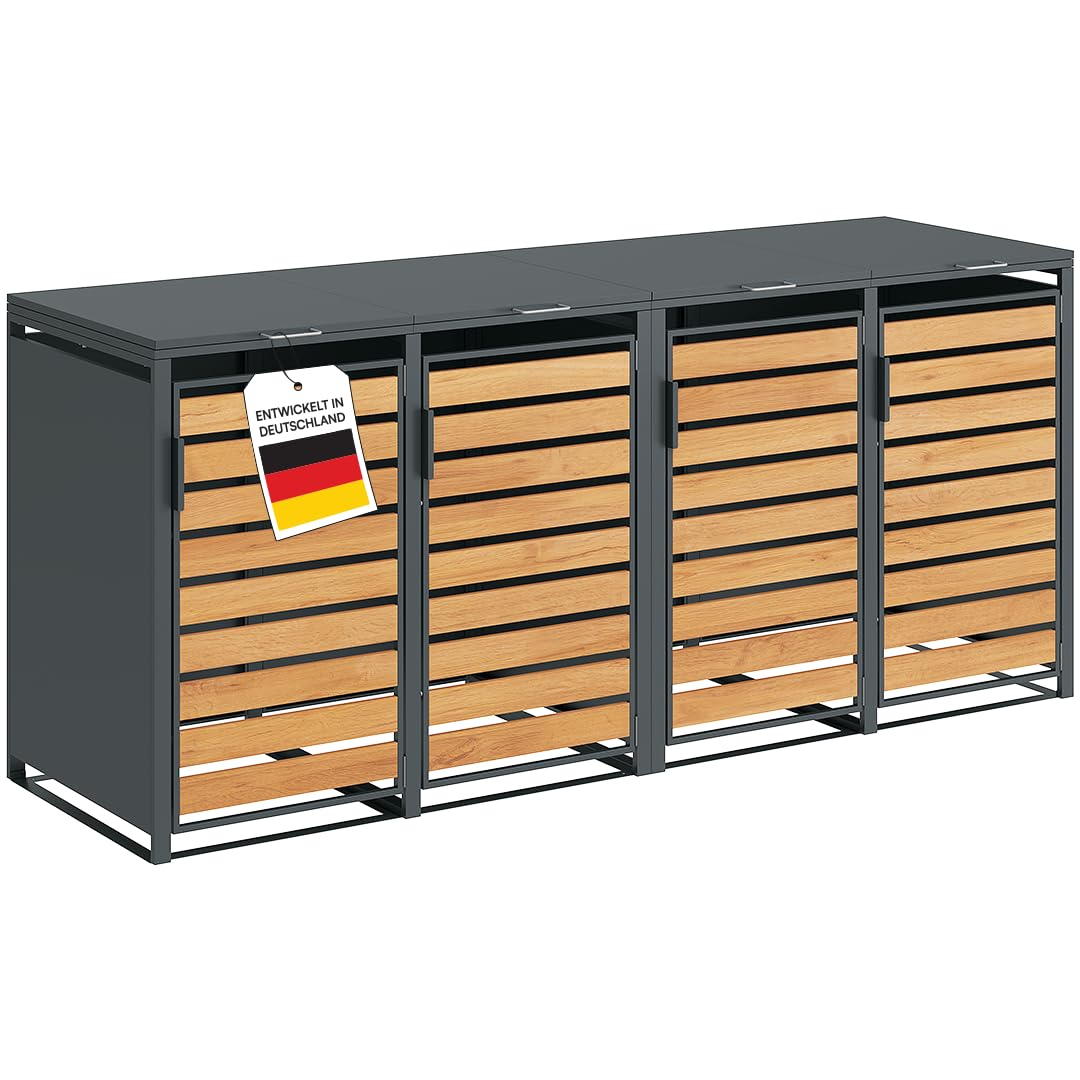 STEELSØN Kestra Mülltonnenbox 4er bis 240L – Mülltonnenverkleidung aus Stahl mit Sichtstreifen in Holzoptik – hochwertige Müllcontainer für 4 Tonnen – Müllbox in Anthrazit – Gerätebox wetterfest